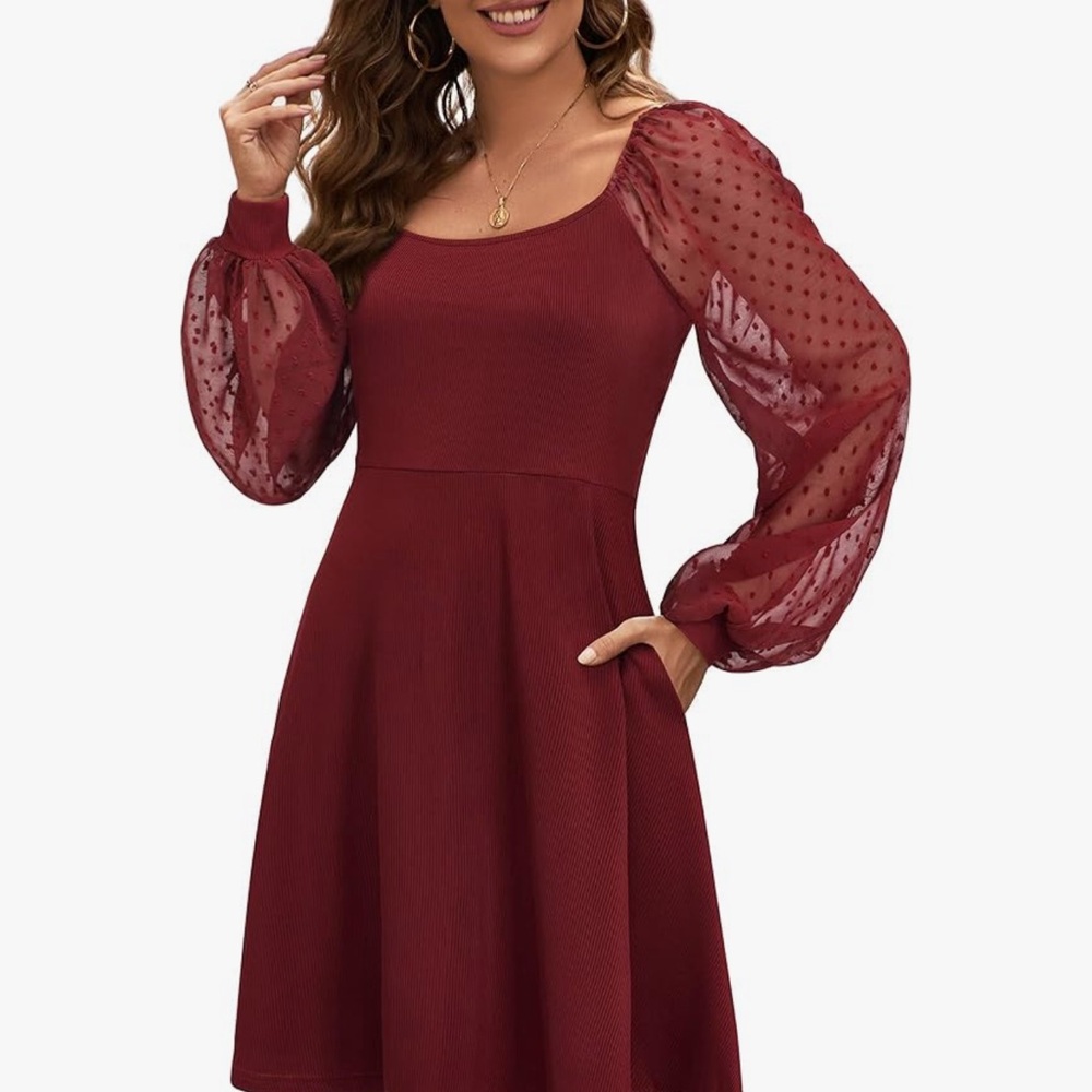 STYLEWORD Women's Formal Dress Long Sleeve Square Neck Mesh Chiffon Mini Dresses